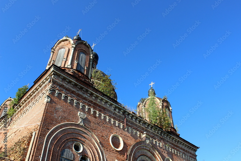 An old abandoned church building overgrown with trees.