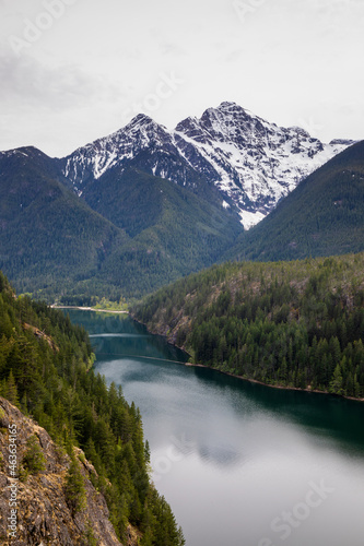 Diablo Lake and mountains at North Cascades National Park in Washington State during spring.