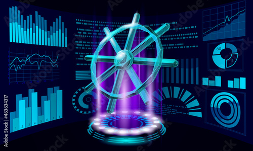 Wheel helm computer developer app concept. Business digital open source program. Data coding steering 3D low polygonal vector line illustration photo