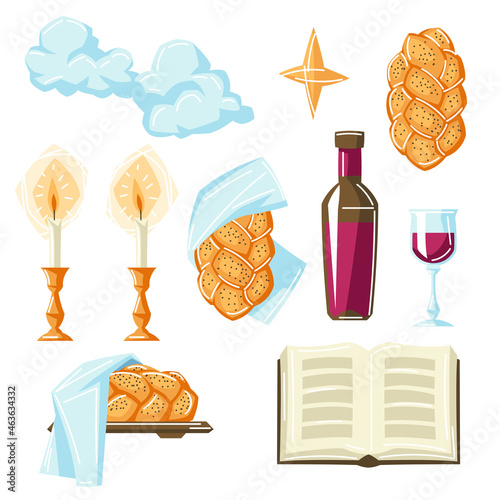 Set of Shabbat Shalom religious objects. Jewish symbols. Judaism concept illustration.