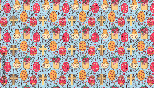Happy Easter holiday doodle pattern, banner, background. Cake, chicken in egg, christian cross.