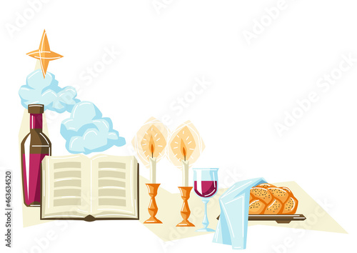 Shabbat Shalom background with religious objects. Background with Jewish symbols. Judaism concept illustration.