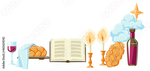 Shabbat Shalom background with religious objects. Background with Jewish symbols. Judaism concept illustration.
