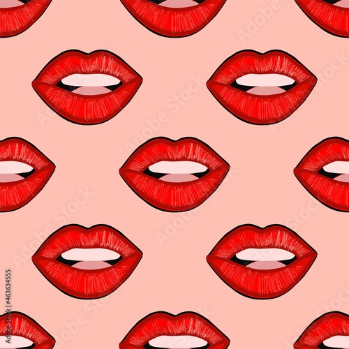 Trendy stylish pattern with female lips. Party pattern. Seamless pattern for beautiful textiles and fabrics. Bright summer design. Red lip prints