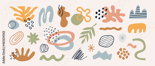 Modern set of different hand drawn various shapes, plants, tropical elements and doodle objects. Abstract contemporary trendy vector design. Natural organic illustration