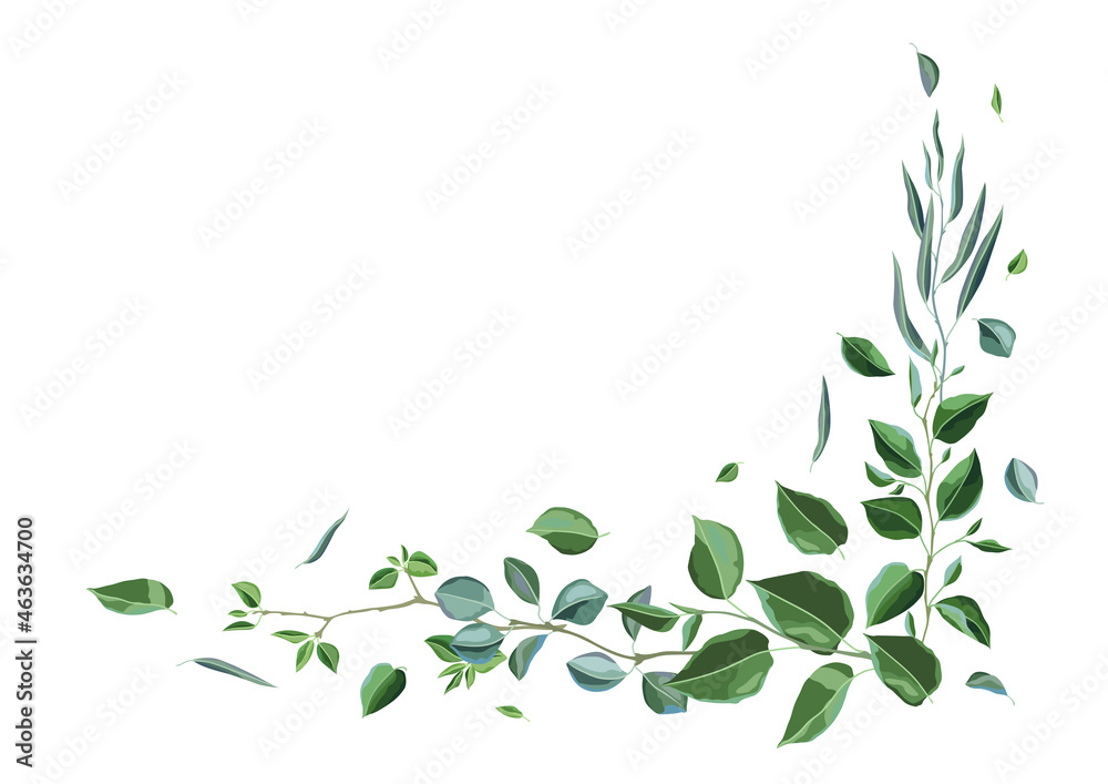 Decoration with branches and green leaves. Spring or summer stylized foliage.