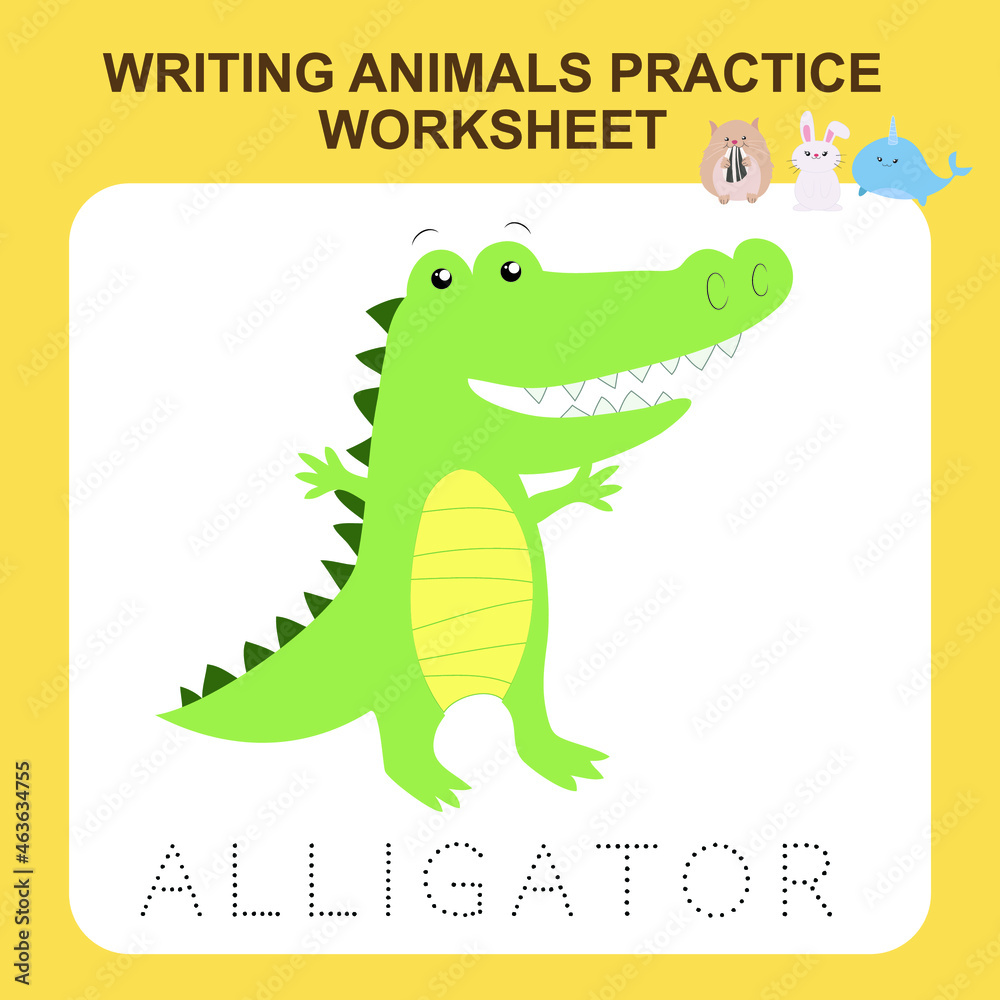 Writing animals practice worksheet. Educational printable worksheet. Exercises lettering game for kids. Vector illustration. Writing animals practice worksheet. Educational printable worksheet. Exercises lettering game for kids. Vector illustration.