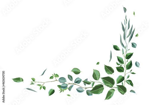 Decoration with branches and green leaves. Spring or summer stylized foliage.