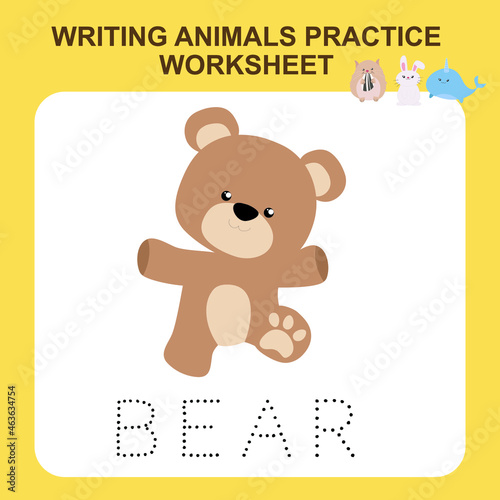 Writing animals practice worksheet. Educational printable worksheet. Exercises lettering game for kids. Vector illustration.