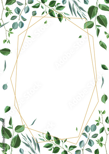 Frame with branches and green leaves. Spring or summer stylized foliage.