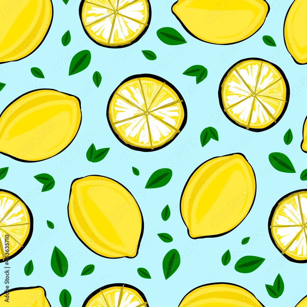 Trendy stylish fruit pattern. Lemon pattern. Seamless pattern for kitchen textiles and fabrics. Bright summer design. Citrus yellow lemons Trendy stylish fruit pattern. Lemon pattern. Seamless pattern for kitchen textiles and fabrics. Bright summer design. Citrus yellow lemons