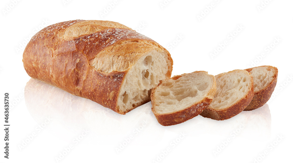 Sliced bakery bread with mirror reflection isolated on white background clipping path Sliced bakery bread with mirror reflection isolated on white background clipping path
