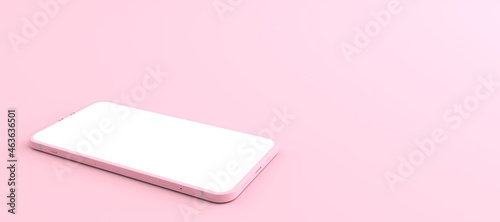 3D rendering of mockup pink Smartphone white screen on pink floor, Pink Mobile phone tilted and lay down on the ground. Smartphone white screen can be used for advertising,Isolated on pink background.