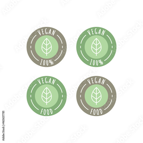 Vegan food and products vector label icon set. 100 % vegan circle sticker set.