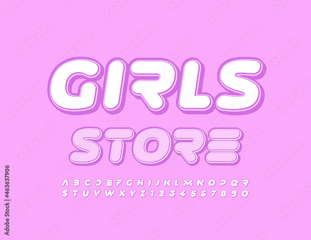 Vector stylish Emblem Girls Store. Original Font. Artistic Alphabet Letters and Numbers