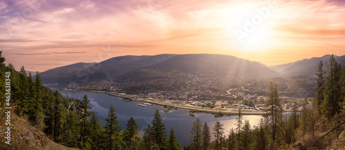 Panoramic View of a small Town, Nelson. Colorful Sunrise Sky Art Render. Located in the Interior of British Columbia, Canada.