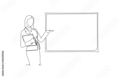 One single line drawing of young businesswoman presenting new golden rules of company to the workers. Effective training presentation concept continuous line draw graphic design vector illustration