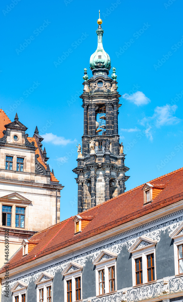 Fototapeta premium Catholic Cathedral of Holy Trinity, Hofkirche in downtown of Dresden in summer sunny day with blue sky, Germany, details, closeup.