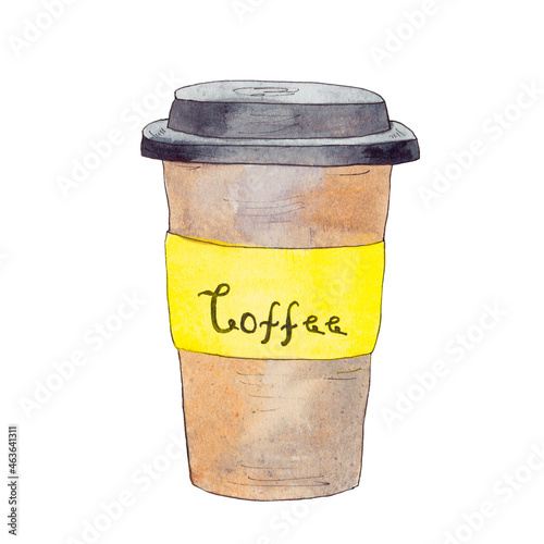 A cup of coffee with a yellow label and inscription. Watercolor hand-drawn sketch illustration