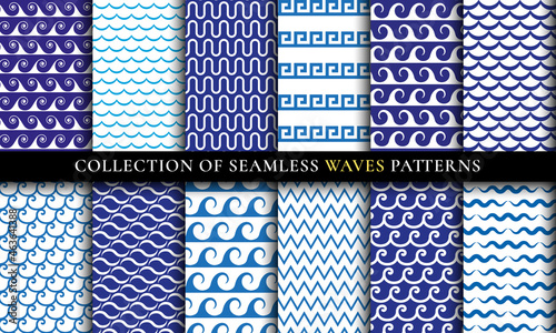 Seamless Waves different patterns set. Aqua design