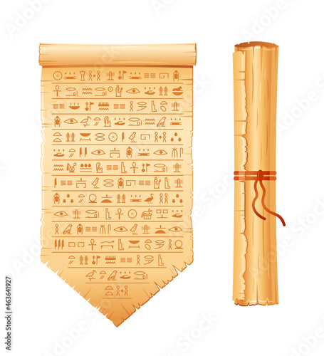 Ancient egyptian papyrus with hieroglyphs. Historical vector pattern from Ancient Egypt. 3d old scroll with script, pharaohs and gods symbols. Ornamen art design, text letter papyrus illustration