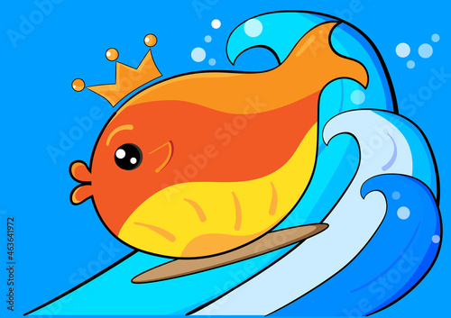 happy smiling cute goldfish enjoy playing surfboard on blue waves in ocean. vector illustration