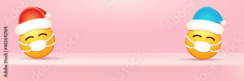 Vector Christmas horizontal banner with funky Emoji sticker with mouth medical protection mask and santa claus red hat isolated on pink podium background. Yellow santa doctor smile face character set