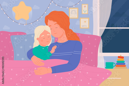 Mother and child sleep in bed of home bedroom vector illustration. Cartoon woman parent character embracing baby girl at night, lying with pillow and blanket. Parenthood and happy family time concept