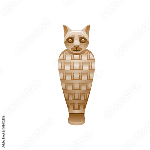 Egyptian cat mummy. Bastet goddess afterlife symbol. Dead cat statue, Bast deity from ancient Egypt art. Cartoon 3d realistic icon. Old style vector illustration isolated on white background