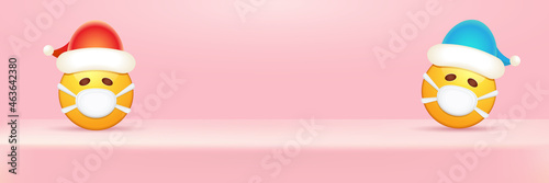 Vector Christmas horizontal banner with funky Emoji sticker with mouth medical protection mask and santa claus red hat isolated on pink podium background. Yellow santa doctor smile face character set