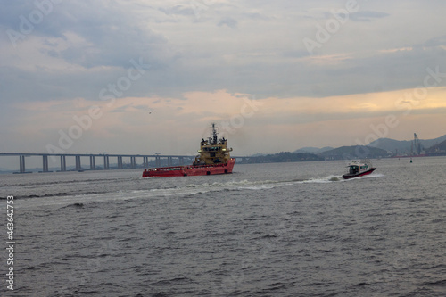 A vessel and a speed boat at Guanabara Bay, Rio de Janeiro