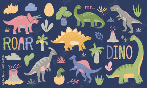 Set of different colorful cute dinosaurs among tropical plant, palm trees, volcano and inscription DINO ROAR. Cartoon animals isolated on blue background. Hand drawn modern flat vector illustration