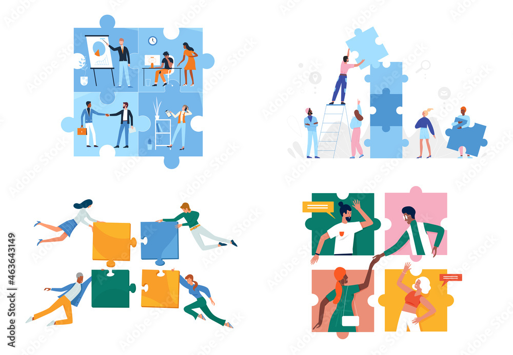 Business people connect puzzle together set vector illustration. Cartoon corporate office workers building unity, woman man characters with pieces of puzzle jigsaw. Partnership, cooperation concept Business people connect puzzle together set vector illustration. Cartoon corporate office workers building unity, woman man characters with pieces of puzzle jigsaw. Partnership, cooperation concept