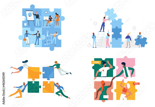 Business people connect puzzle together set vector illustration. Cartoon corporate office workers building unity, woman man characters with pieces of puzzle jigsaw. Partnership, cooperation concept