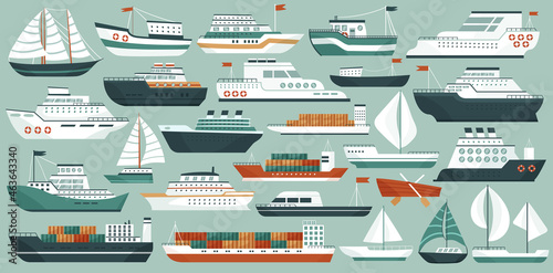 Ships and boats set vector illustration. Cartoon modern marine transport collection, cruise passenger and military ship, fishing sailboat and yacht, cargo freight carrier with containers and flag