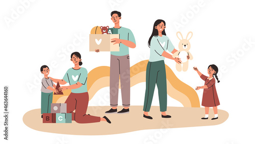 Playing with orphans concept. Man and woman volunteers give toys to children in shelter and spend time with them. Charity and donations. Cartoon flat vector illustration isolated on white background photo