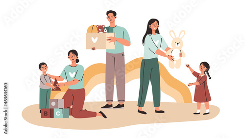 Playing with orphans concept. Man and woman volunteers give toys to children in shelter and spend time with them. Charity and donations. Cartoon flat vector illustration isolated on white background
