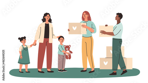 Humanitarian assistance to poor people. Volunteers brought boxes of food, toy and hygiene product to family in need. Charity and donation. Cartoon flat vector illustration isolated on white background