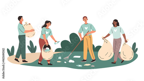 Clean up garbage concept. Young volunteers with rakes and garbage cans collect trash in park. Taking care of environment. Cartoon modern flat vector illustration isolated on white background