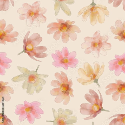 Seamless pattern with watercolor flowers. Painted background in pastel colors.