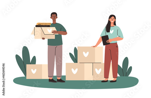 Humanitarian aid concept. Volunteers collect donations, clothes, food and hygiene products for people in need. People engaged in charity. Cartoon flat vector illustration isolated on white background