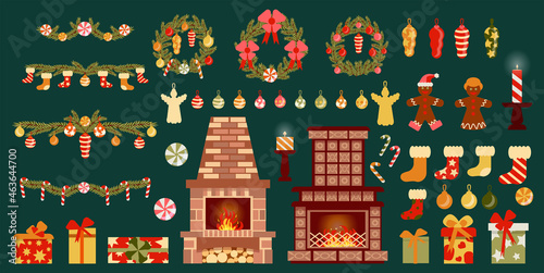 Christmas set of vector design elements for fireplace decoration. Happy New Year banner, Xmas sparkling lights garland with gifts box. Horizontal Christmas posters, greeting cards, website.
