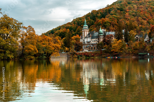 фотографія autumn at Hámori lake in Miskolc Lillafüred with the palace castle and reflectio