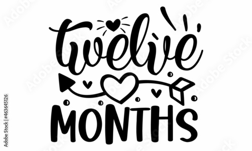 twelve months, Hand lettering quotes to print on babies clothes, nursery decorations bags, posters, invitations, cards, Vector illustration, Baby photo album