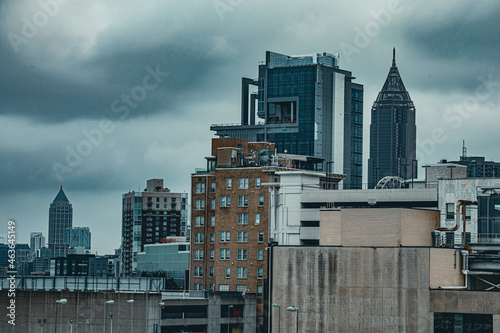 Atlanta, Georgia city skyline in downtown with storm clouds in background