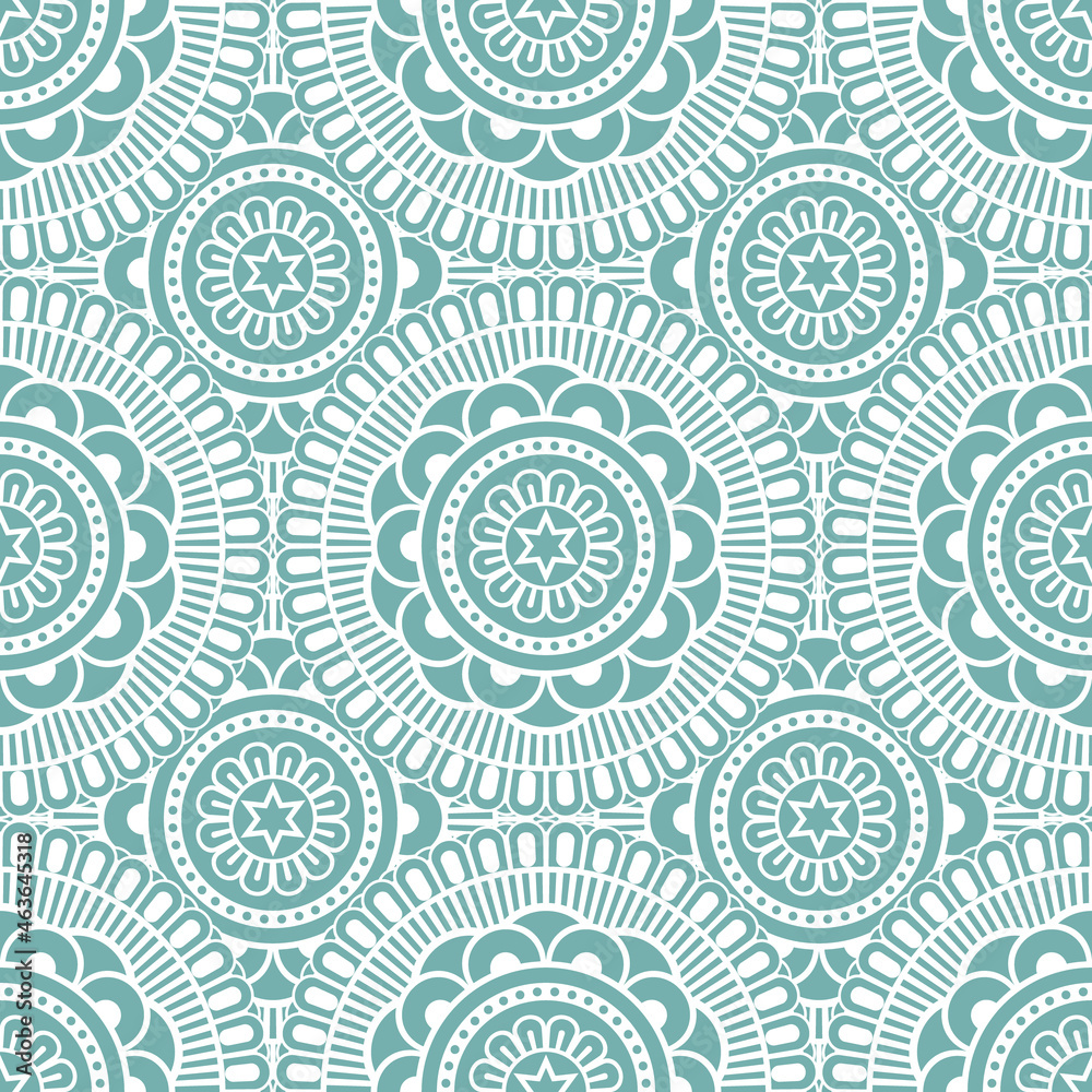 Abstract seamless mandala background. Texture in mint and white colors. Oriental pattern for design, fashion print, scrapbooking	