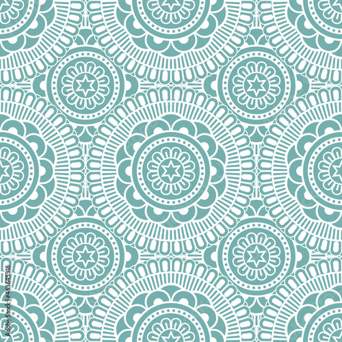 Abstract seamless mandala background. Texture in mint and white colors. Oriental pattern for design, fashion print, scrapbooking 