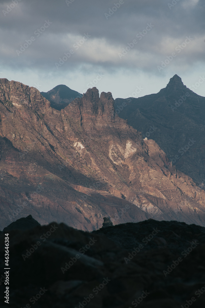 View from Playa de Benijo at scenery of Anaga natural parc, North Tenerife, tops of volcanic mountains in morning light