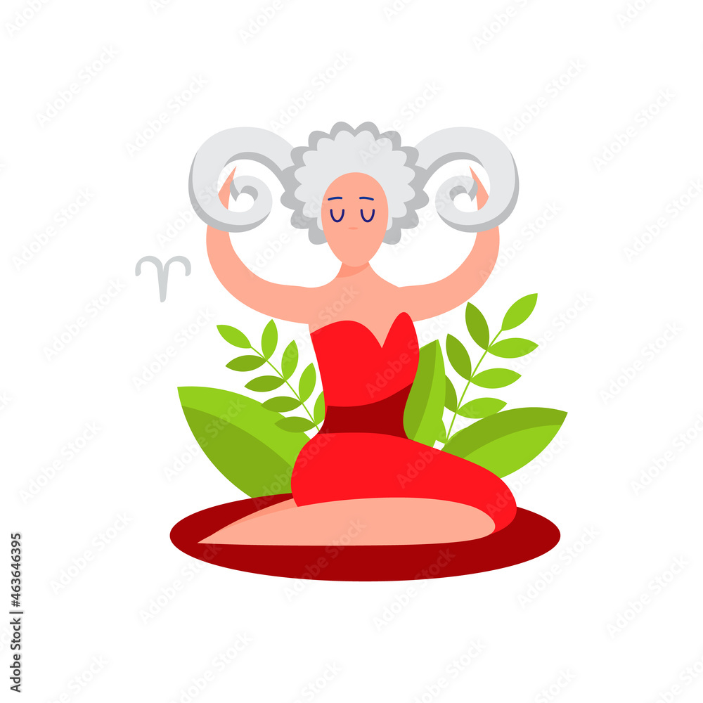 Obraz premium Zodiac sign Aries, women in the form of zodiac symbols, isolated on white. Cartoon colorful style.