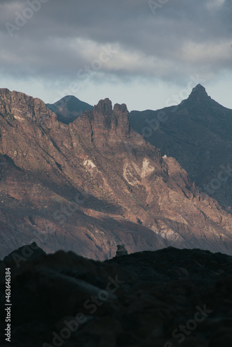 View from Playa de Benijo at scenery of Anaga natural parc, North Tenerife, tops of volcanic mountains in morning light